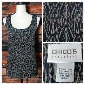 Chico's Travelers Tank Top Size 1 M Vintage Bohemian Black Tan Stretch USA Made